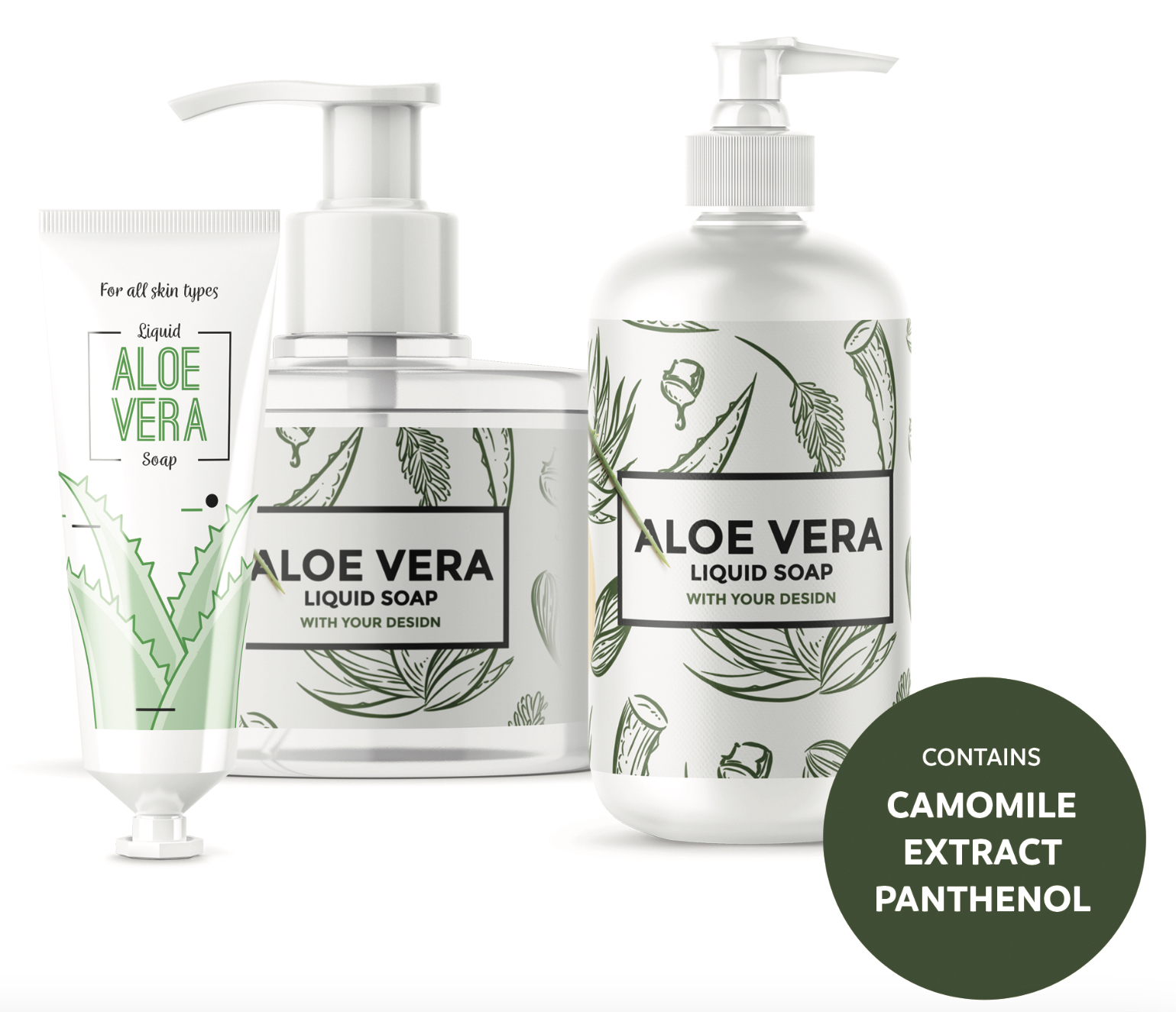 Trys skirtingos "Aloe Vera" skysto muilo pakuotės: tūbelė, permatomas buteliukas su pompa ir didelis baltas buteliukas su pompa, pabrėžiant, kad sudėtyje yra ramunėlių ekstrakto ir pantenolio.