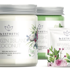 Natūrali vonios druska, Trys "Be Esthetic" kosmetikos gaminiai: Virgin Island Coconut šveičiamoji vonios druska, Eucalyptus & Mint vonios druska ir Sparkling Rose vonios druskos pakuotė.
