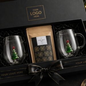 Kalėdinis dovanų rinkinys su dvigubo stiklo puodeliais, Kalėdų eglute ir Earl Grey arbata